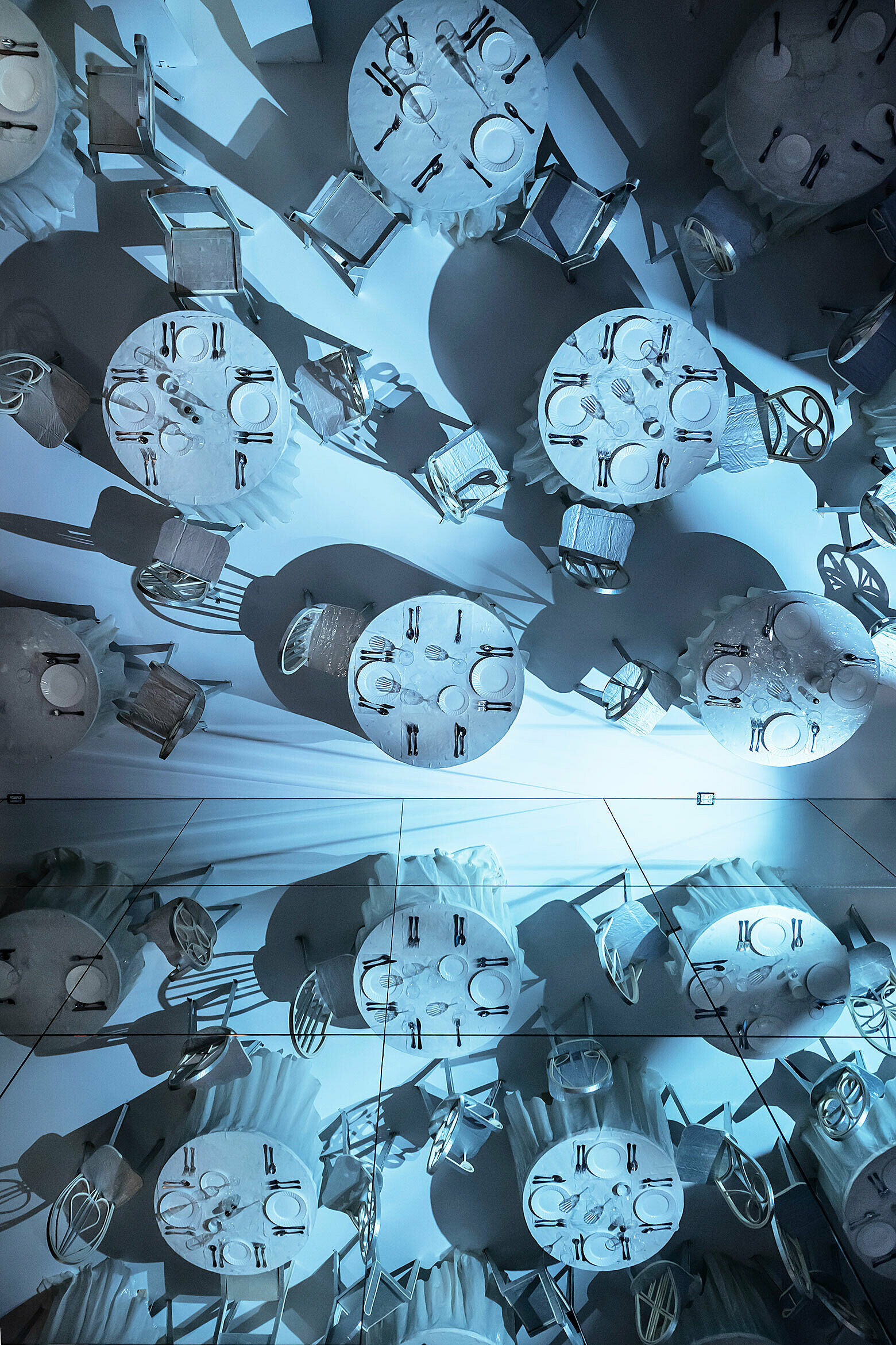Overhead view of round dining tables