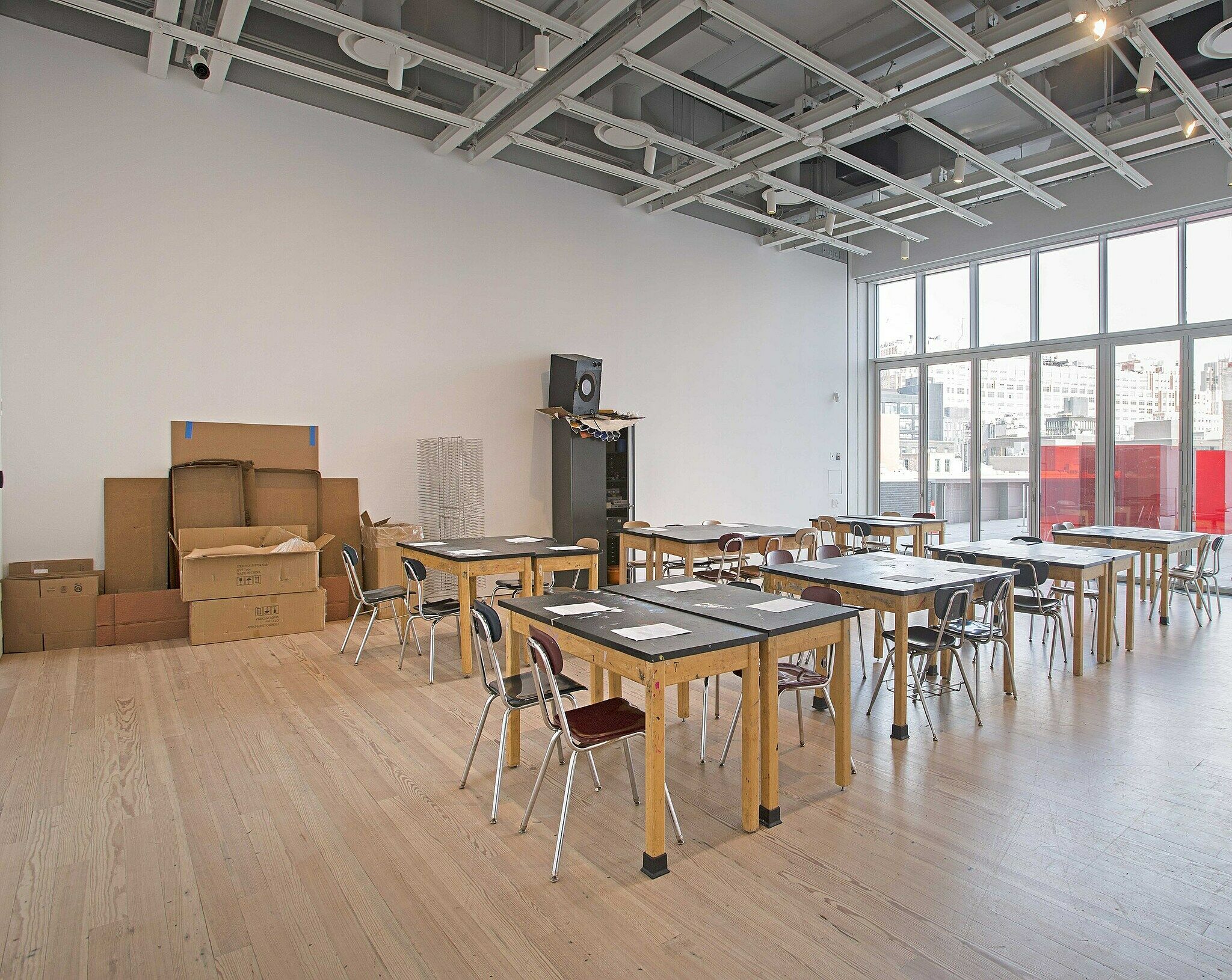 Classroom with desks and chairs.