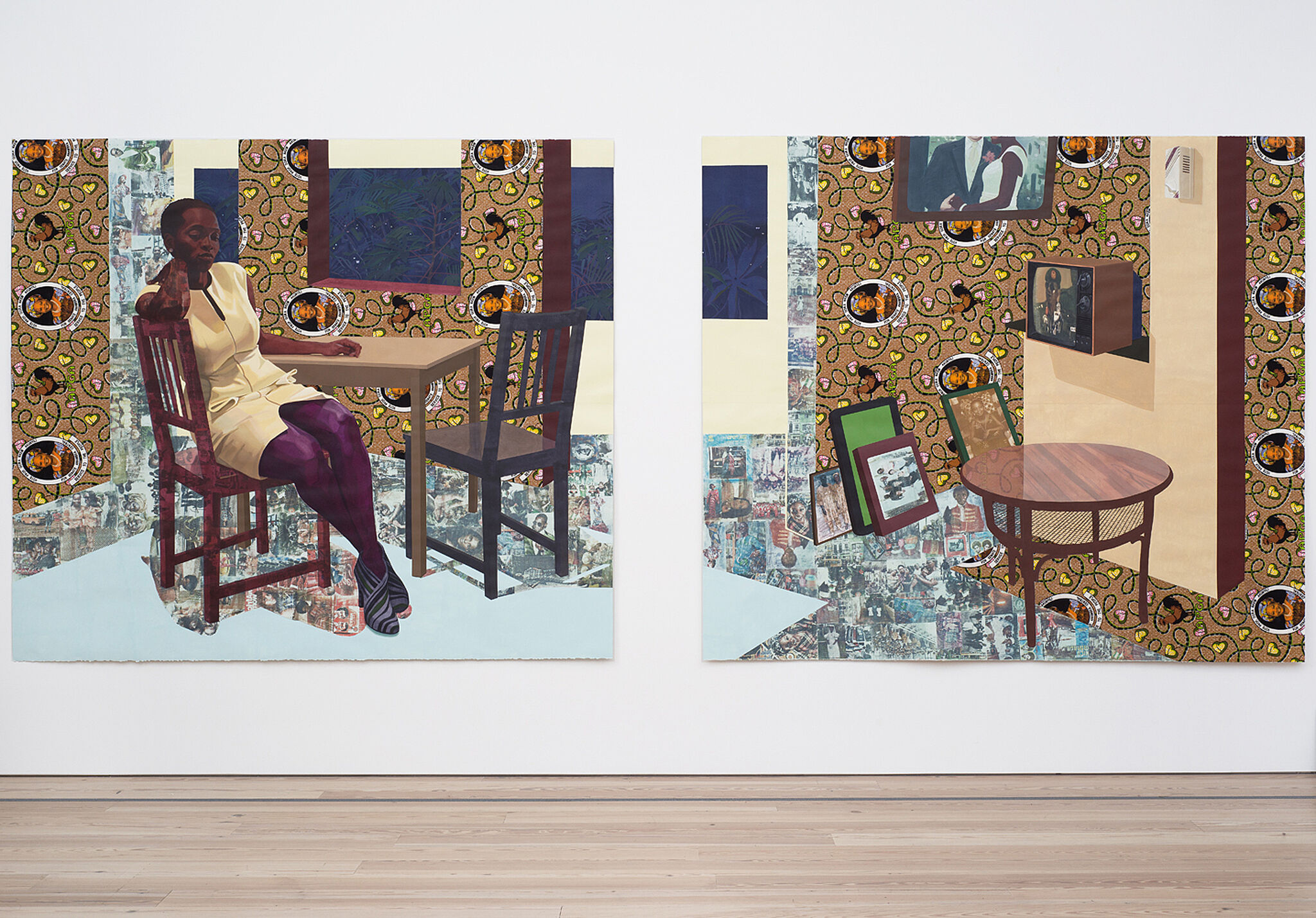 A collage of a woman sitting at a table next to a collage of an empty table with portraits on the wall in the background.