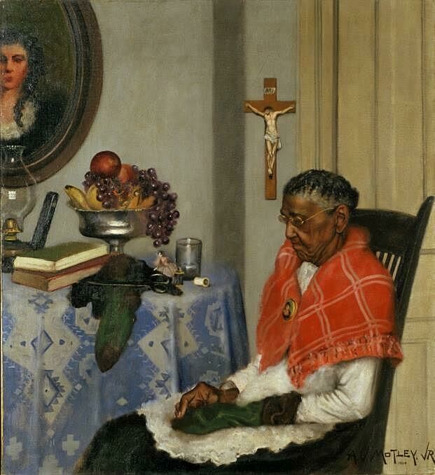 A painting of an elderly woman in a chair by Archibald J. Motley Jr.