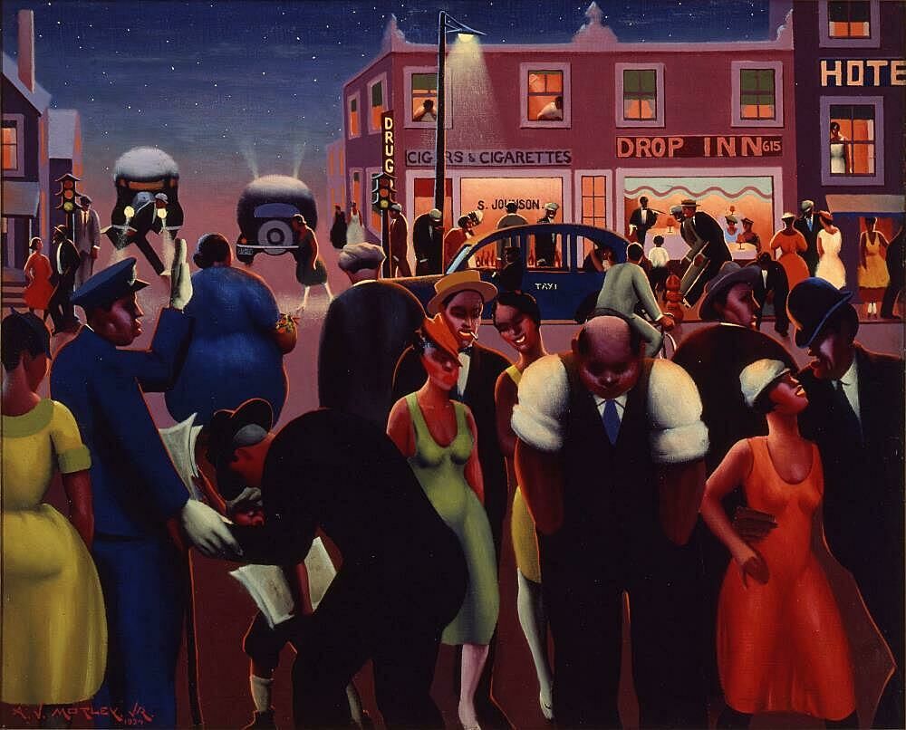 Painting of a city scene by Archibald J. Motley Jr.