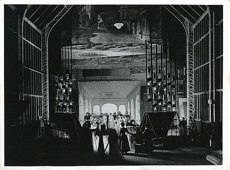 A view of a film set in black and white. 