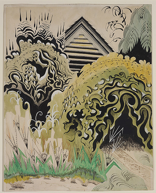 A painting of trees in front of a house by Charles Burchfield.
