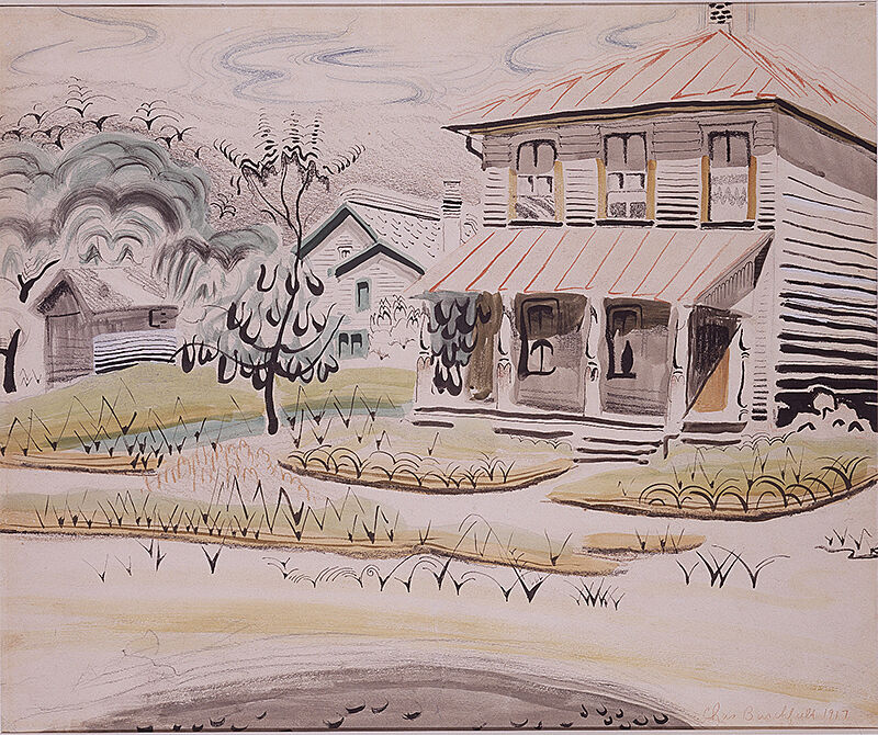 A painting of a two-story house with a tree and lawn in front.