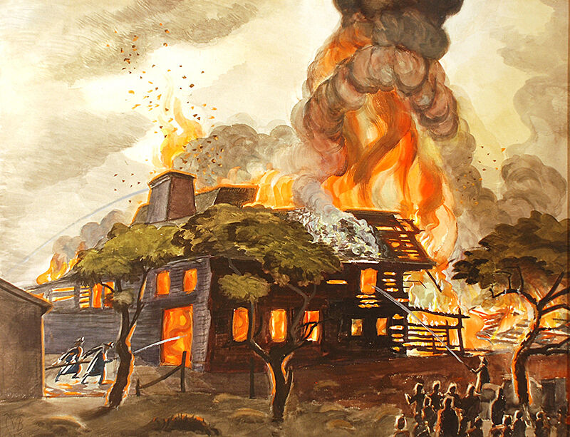 A painting of a house fire with a crown watching.