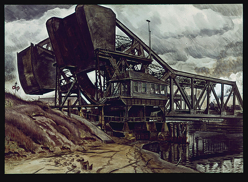 A painting of a railroad bridge over a river.