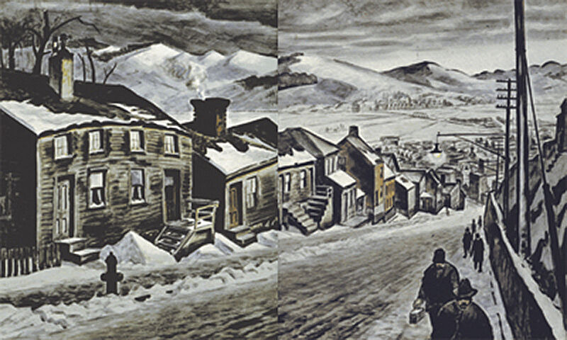 A snowy street scene with houses and people walking on the sidewalks.