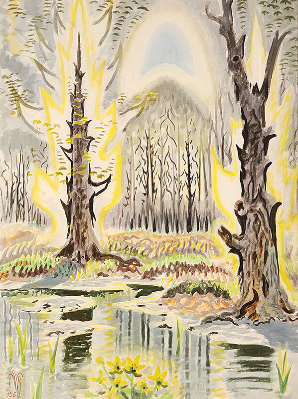 Two trees with yellow glows in a swamp.