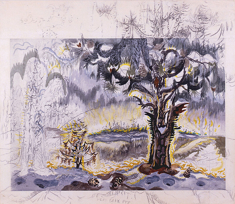 A big and small tree in a swamp painting by Charles Burchfield. 