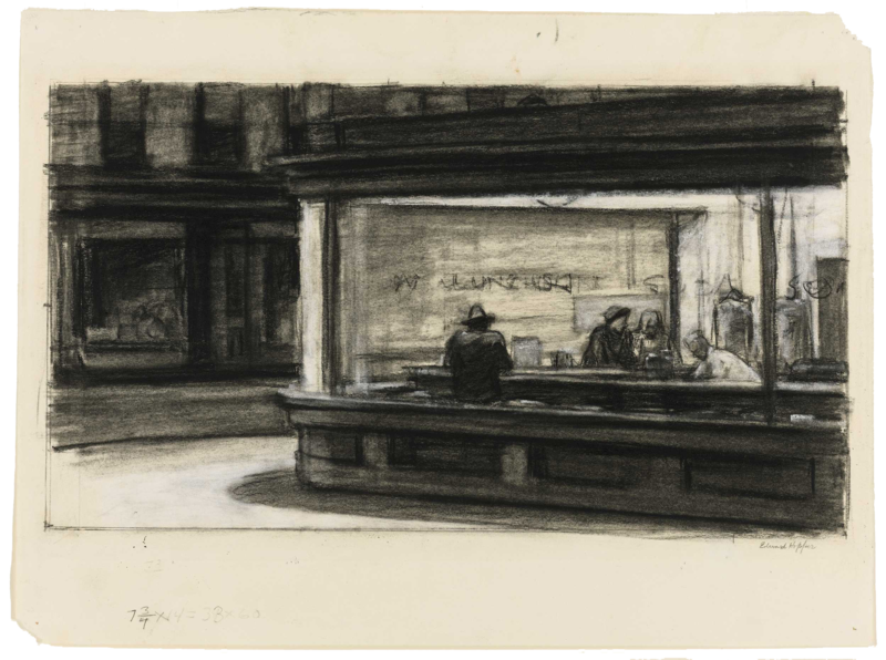 Charcoaled study of Nighthawks at the diner.