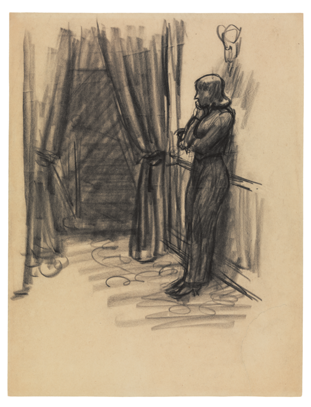 A woman with her back to a wall in a sketch.