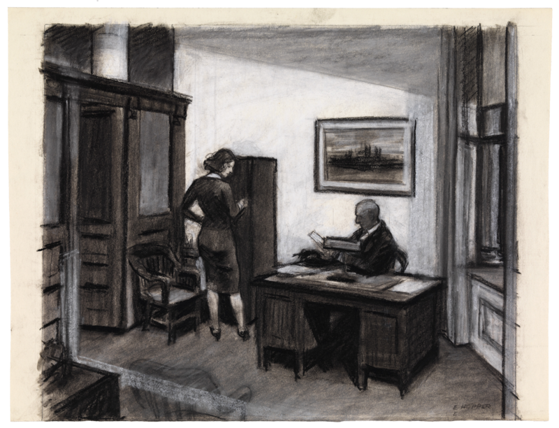 Sketch of a woman and man in an office at night.
