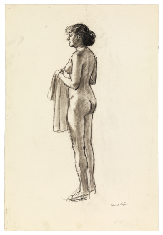 Sketch of a nude woman holding a shirt.