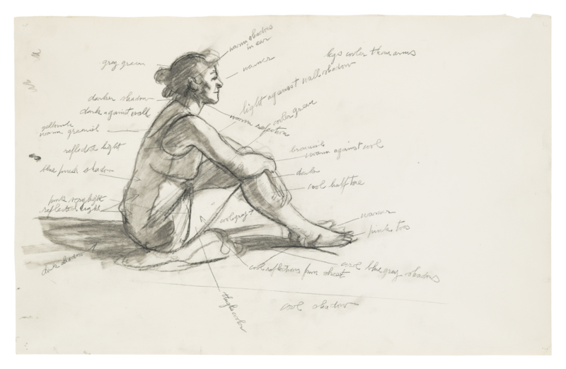 Sketch of a woman sitting in the sun with notes scribbled on it.