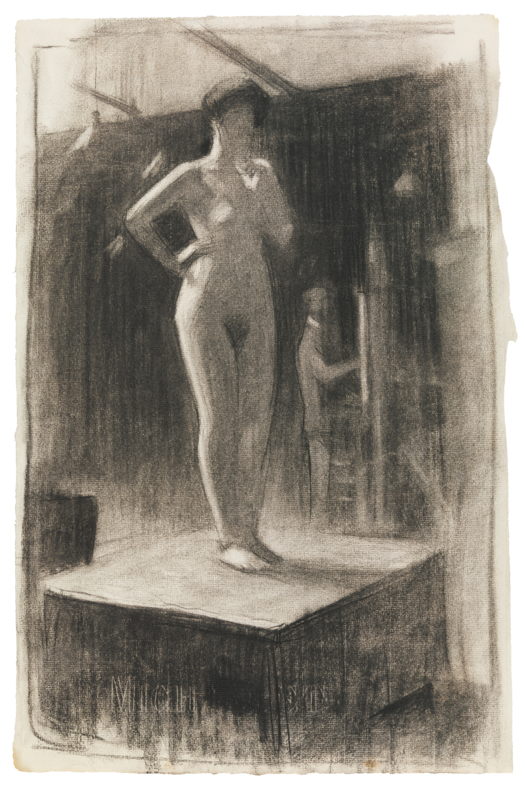 A sketch of a female nude posing for a painter.