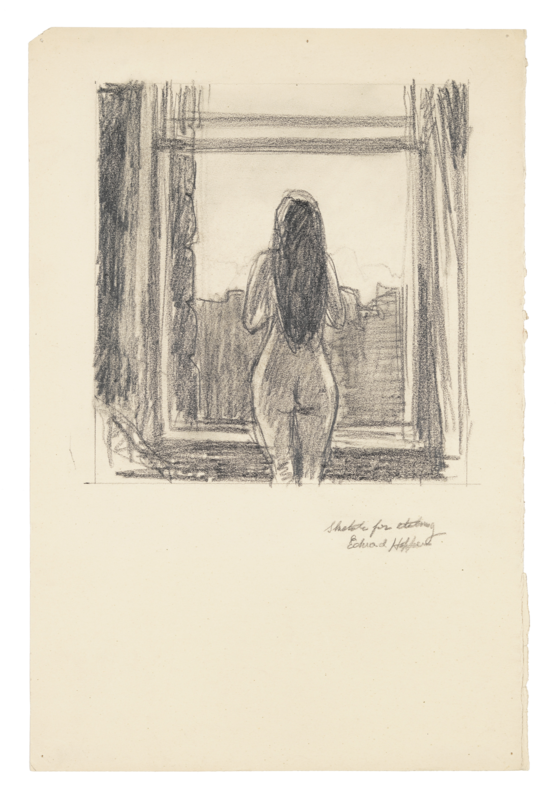 A nude woman's back looking out on a landscape.