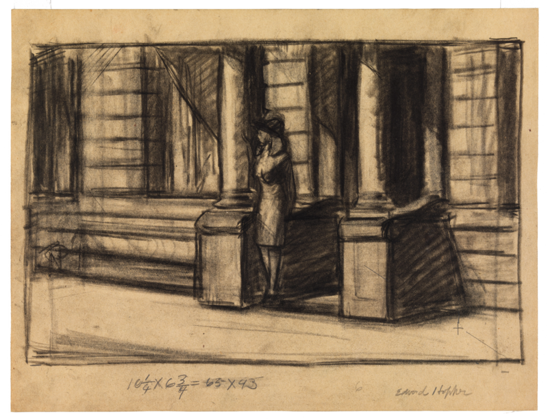 Sketch of a woman standing in front of building.