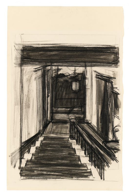 A charcoal of a stairwell.