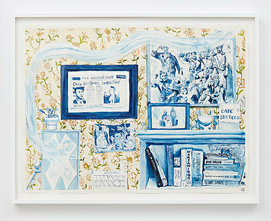 A painting of newspaper clippings on a wallpapered wall.