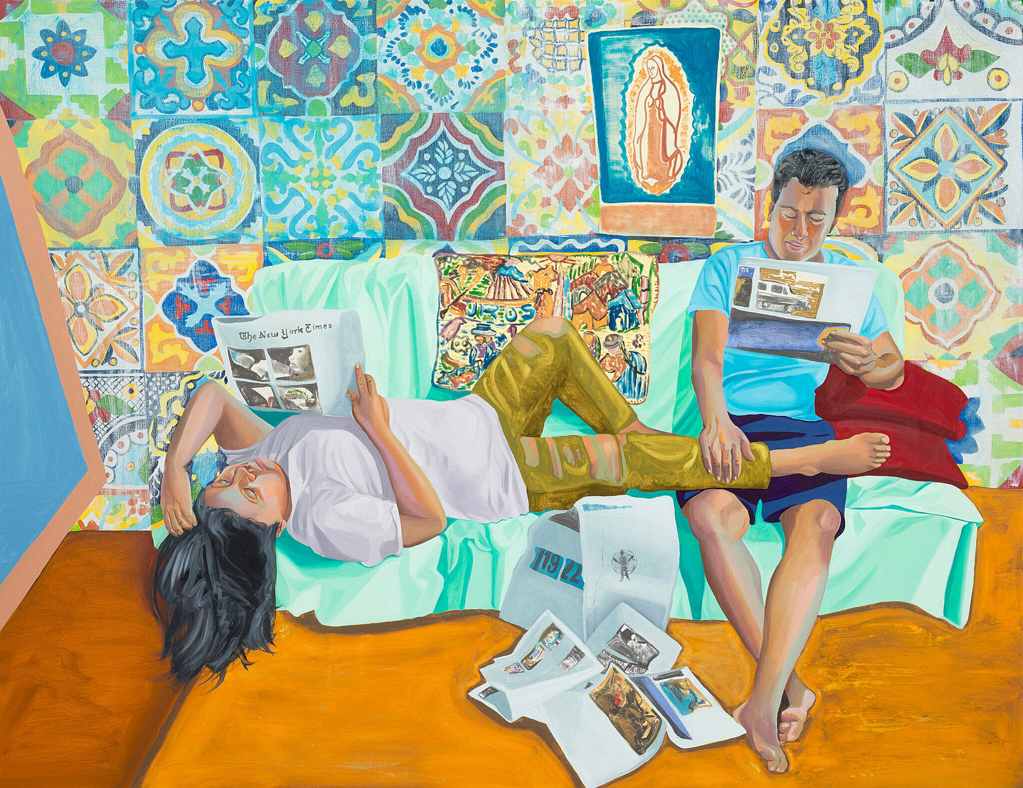 A painting of two people lounging on a couch and reading the newspaper with a colorfully patterned background.