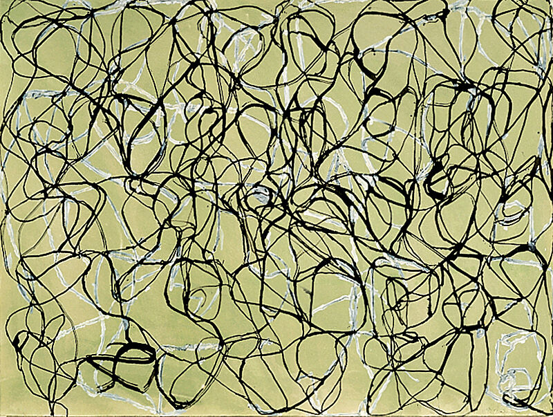 Artwork by Brice Marden featuring squiggly lines on a yellow background.