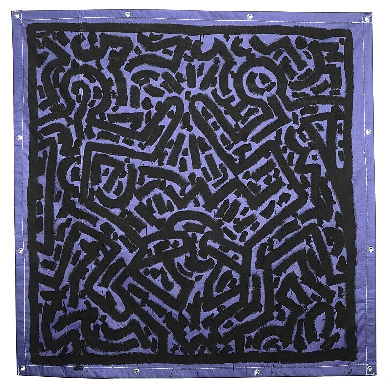 Blue and black artwork by Keith Haring.