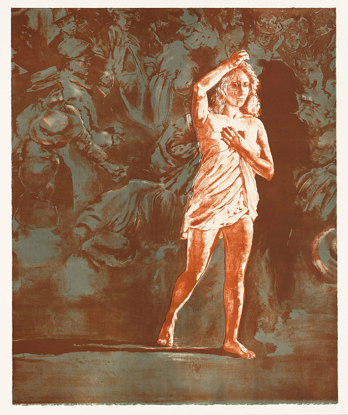 A woman holding her head in red color.