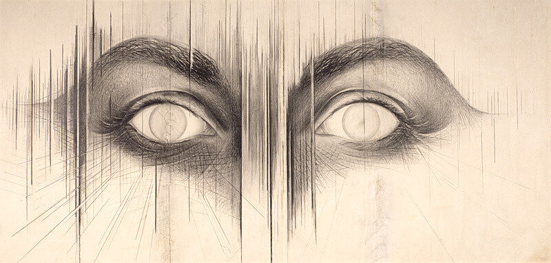 Eyes sketched in pencil staring out.