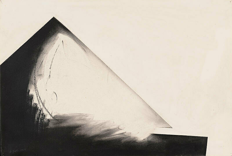 A pyramid shaped black and white object drawn in charcoal