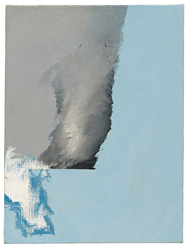 A painting made up of blue, grey and white sits on a canvas.