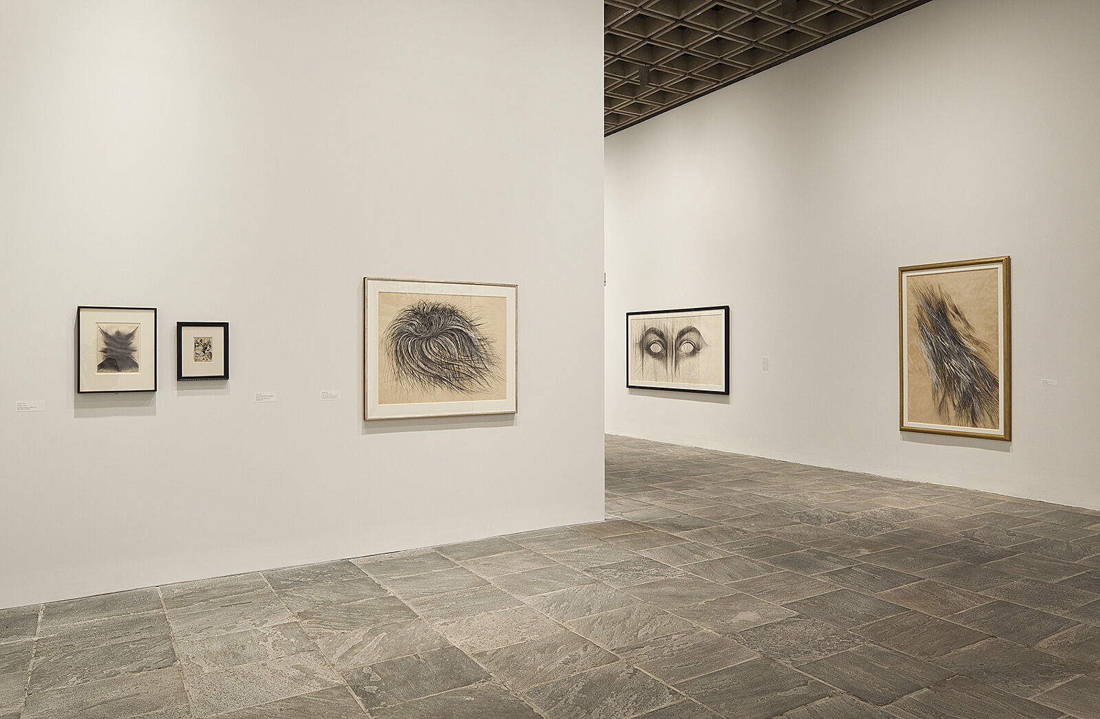 Adjacent walls that hold Jay DeFeo paintings.