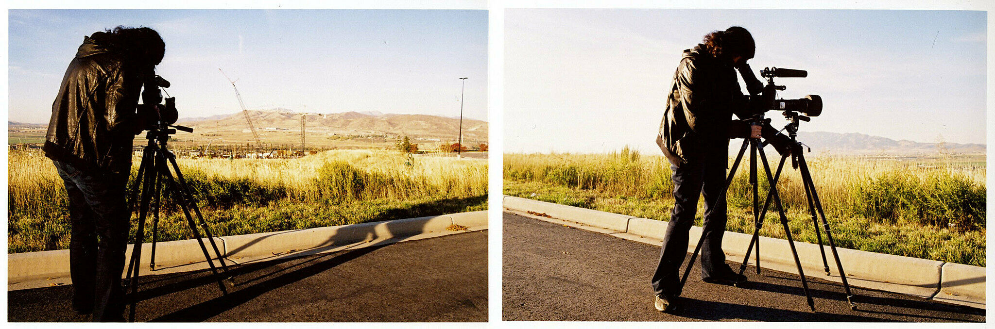 Diptych of a camera on a tripod.