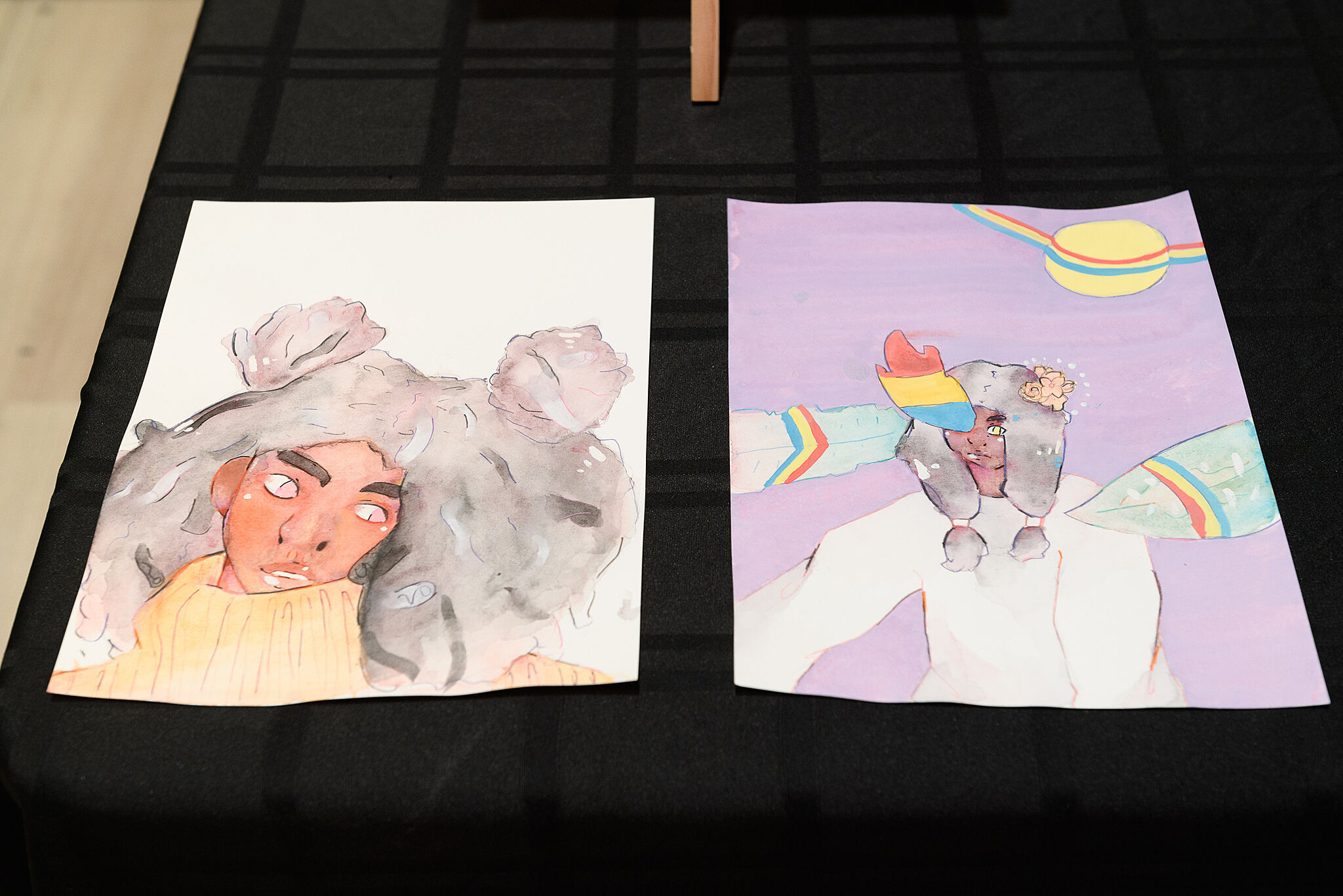 Two paintings of a person in a unique hat.