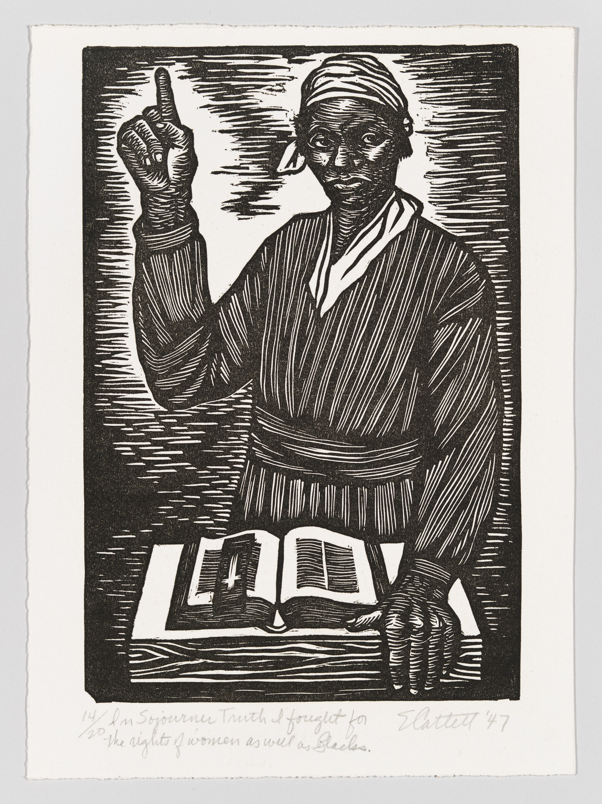 Blockprint of a person raising one finger while placing the other hand on an open book.