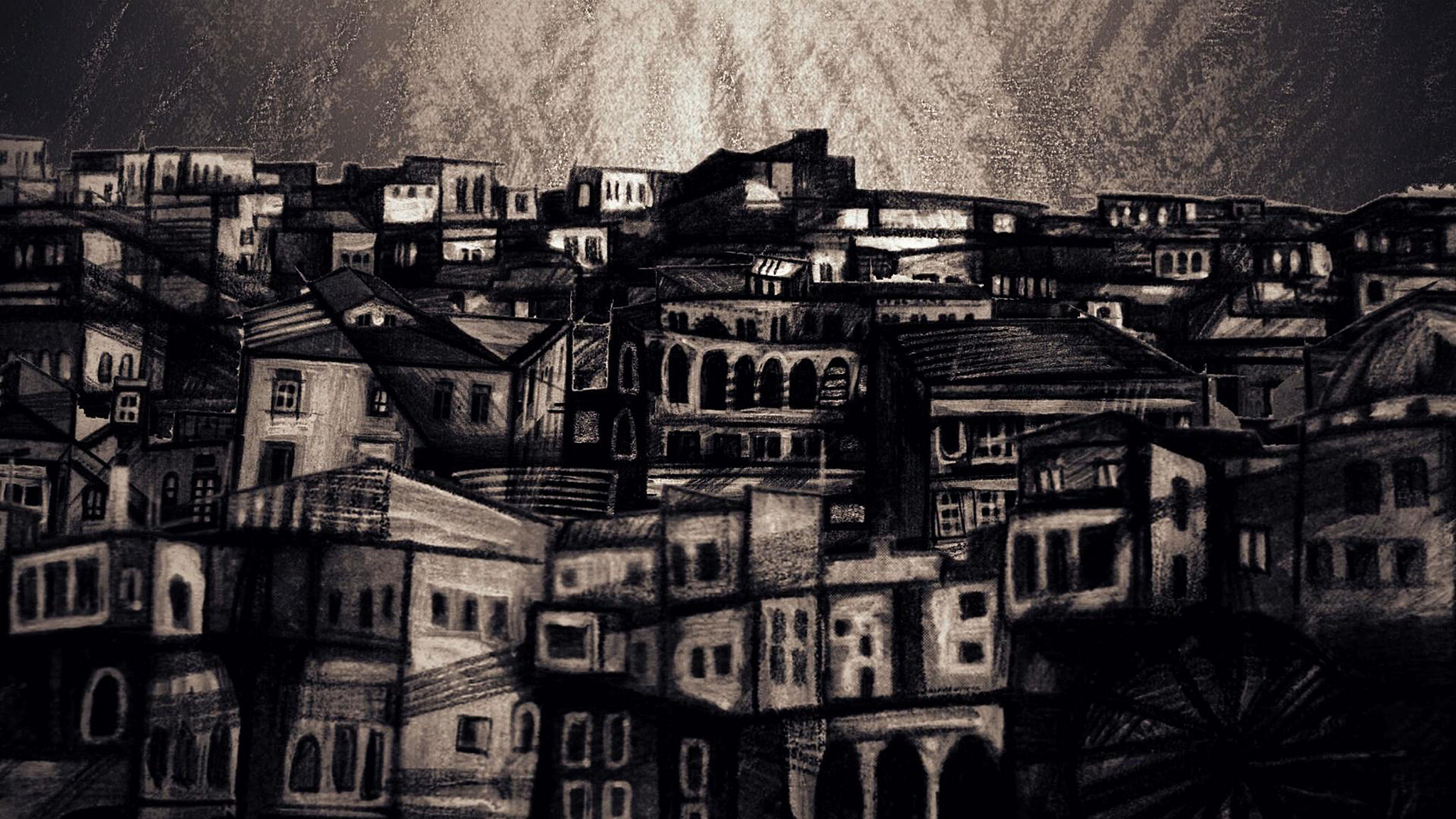 A monochromatic cityscape with densely packed buildings, off angle, and very dark.