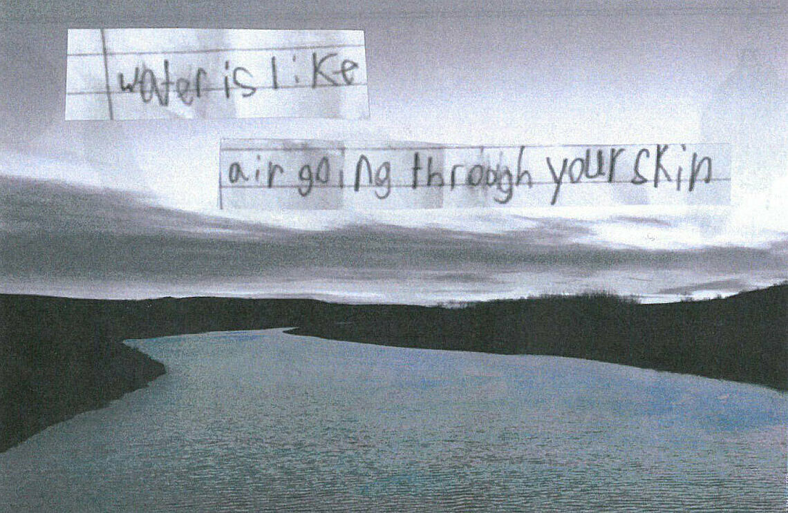Collage with the text "water is like air going through your skin" written on two pieces of notebook paper, pasted over the image of a river.