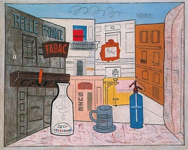 A painting of storefronts.