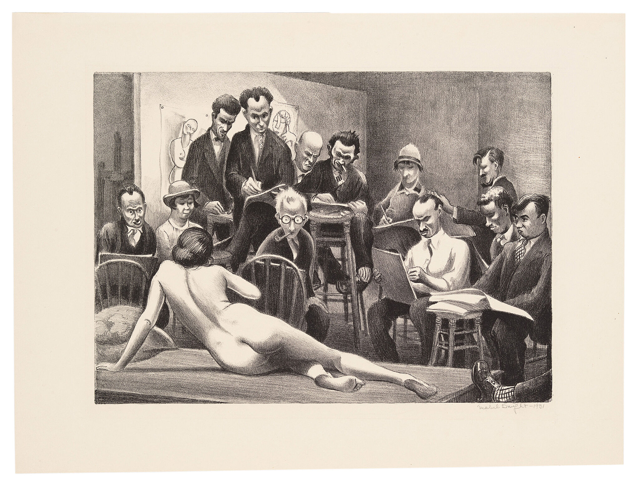 A lithograph of a room of men drawing a woman posing in the nude.