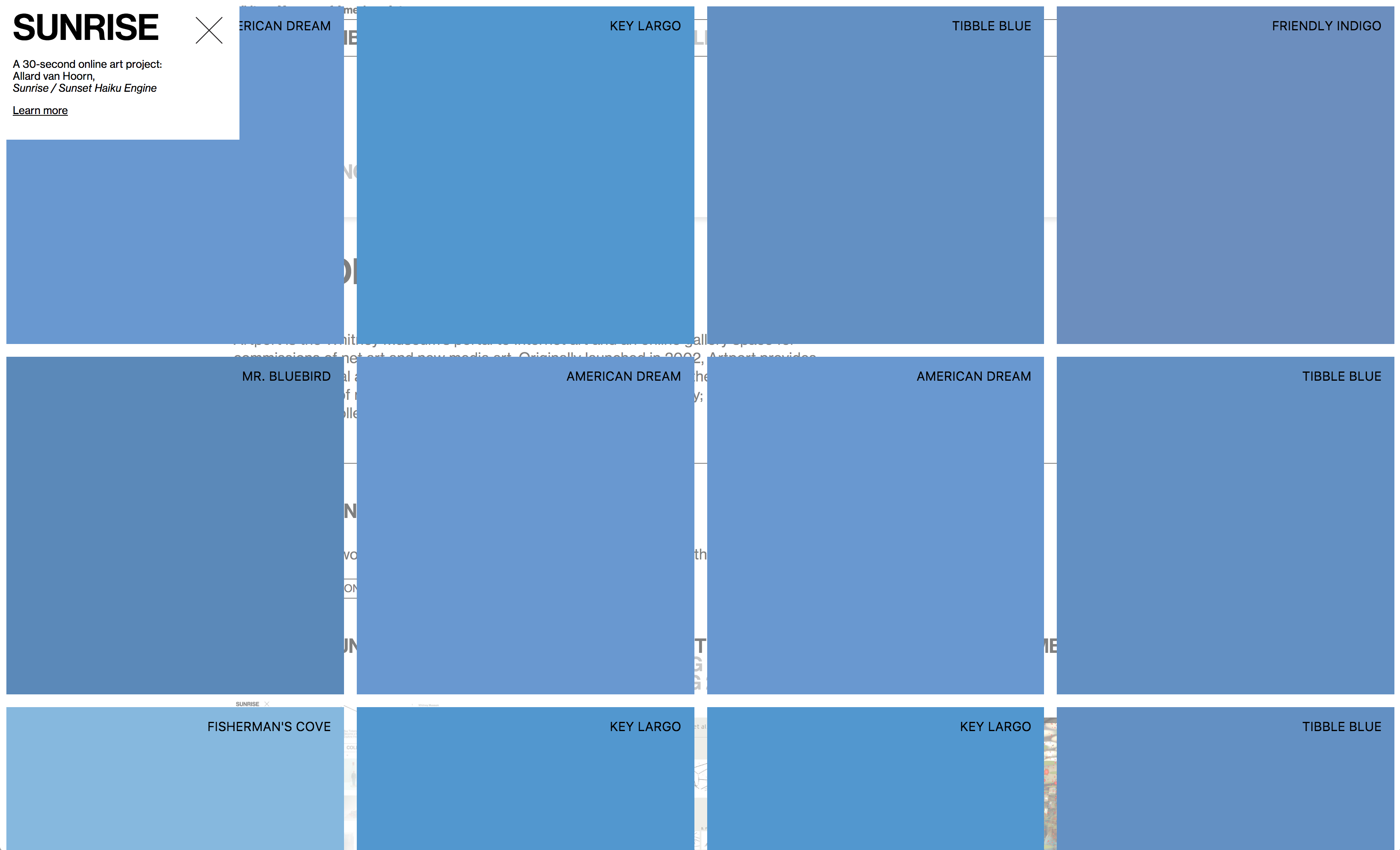 Labeled blue color swatches overlay whitney.org.