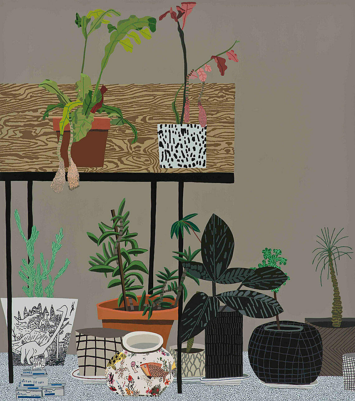Painting of various potted plants on and below a wooden table, with a dinosaur drawing and a floral-patterned vase in the foreground.