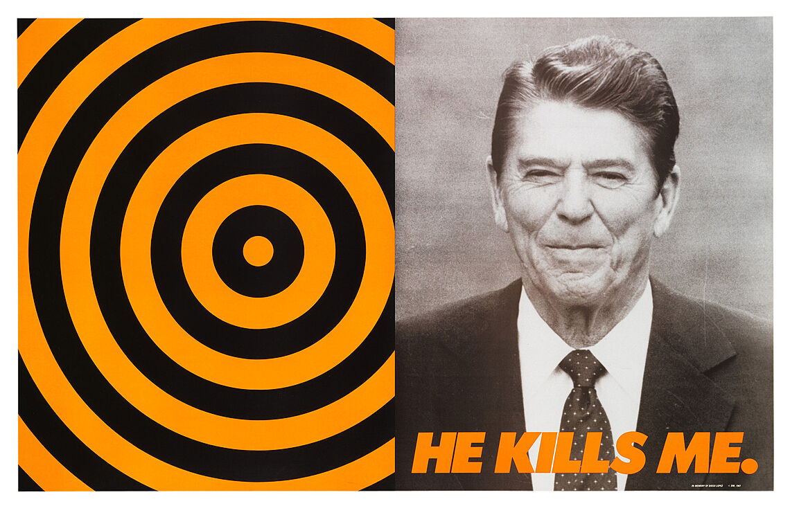An orange and white target on the left and a picture of Reagan on the right with the text "He Kills Me."
