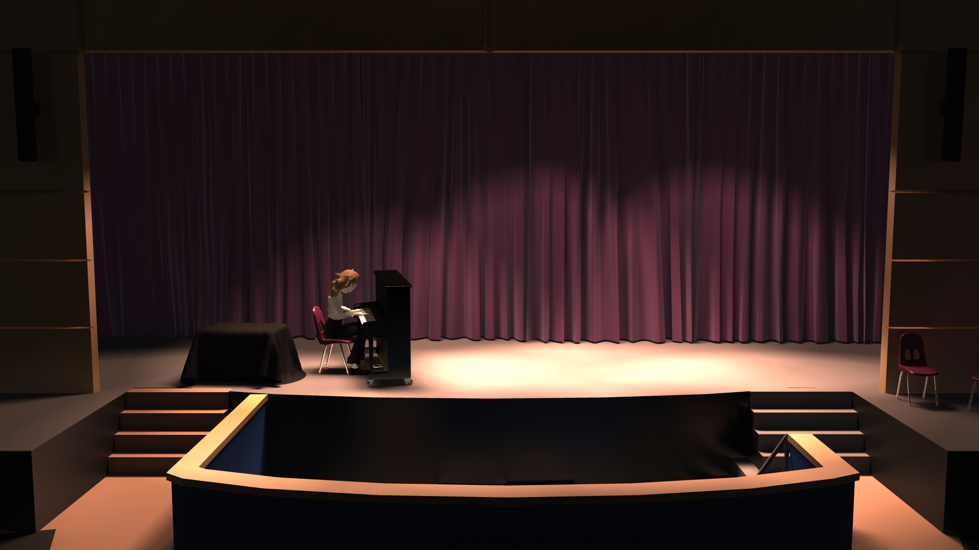 Digital image of a dark theater with a piano on stage.