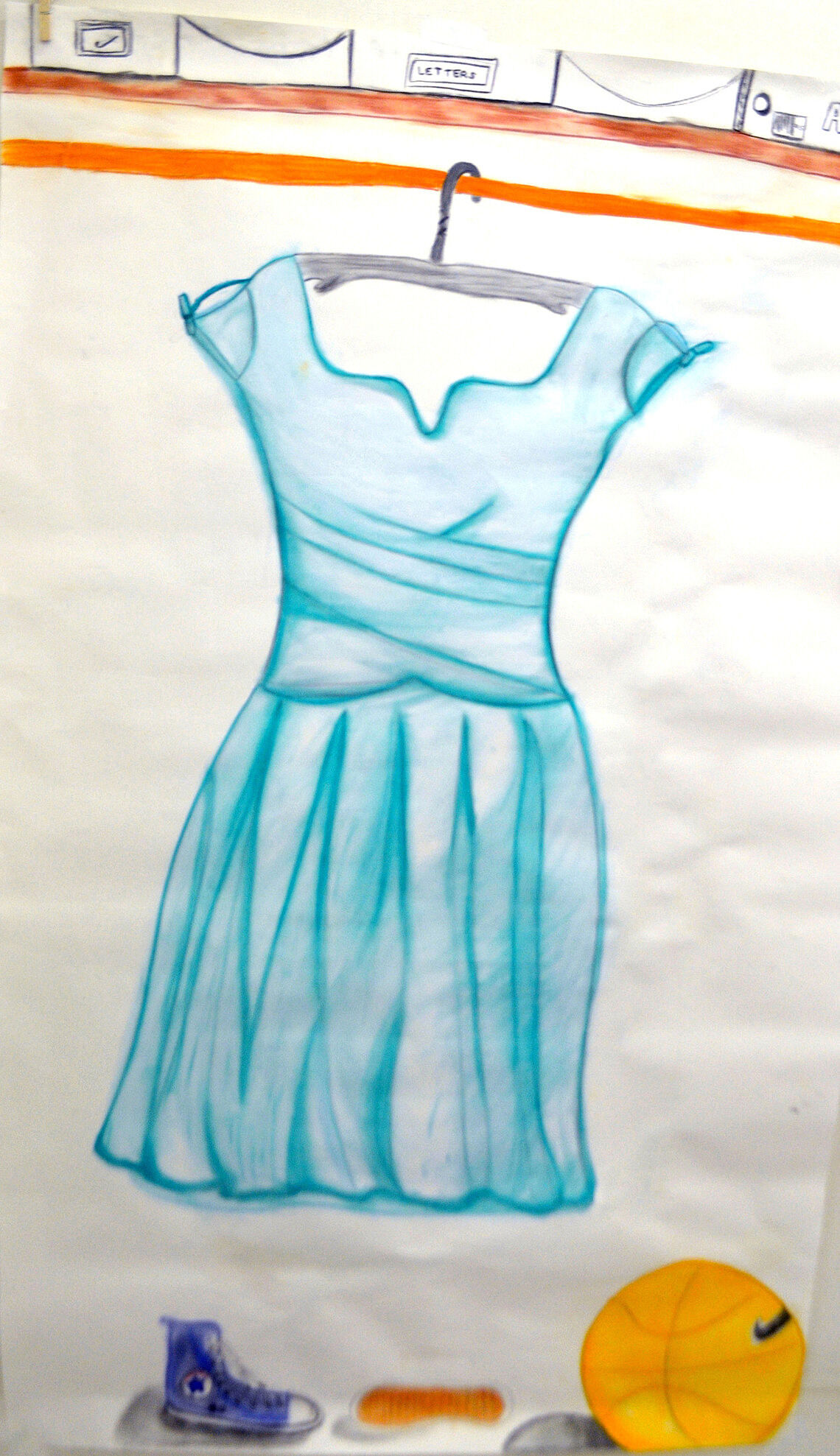 A drawing of a blue dress hanging on rack.