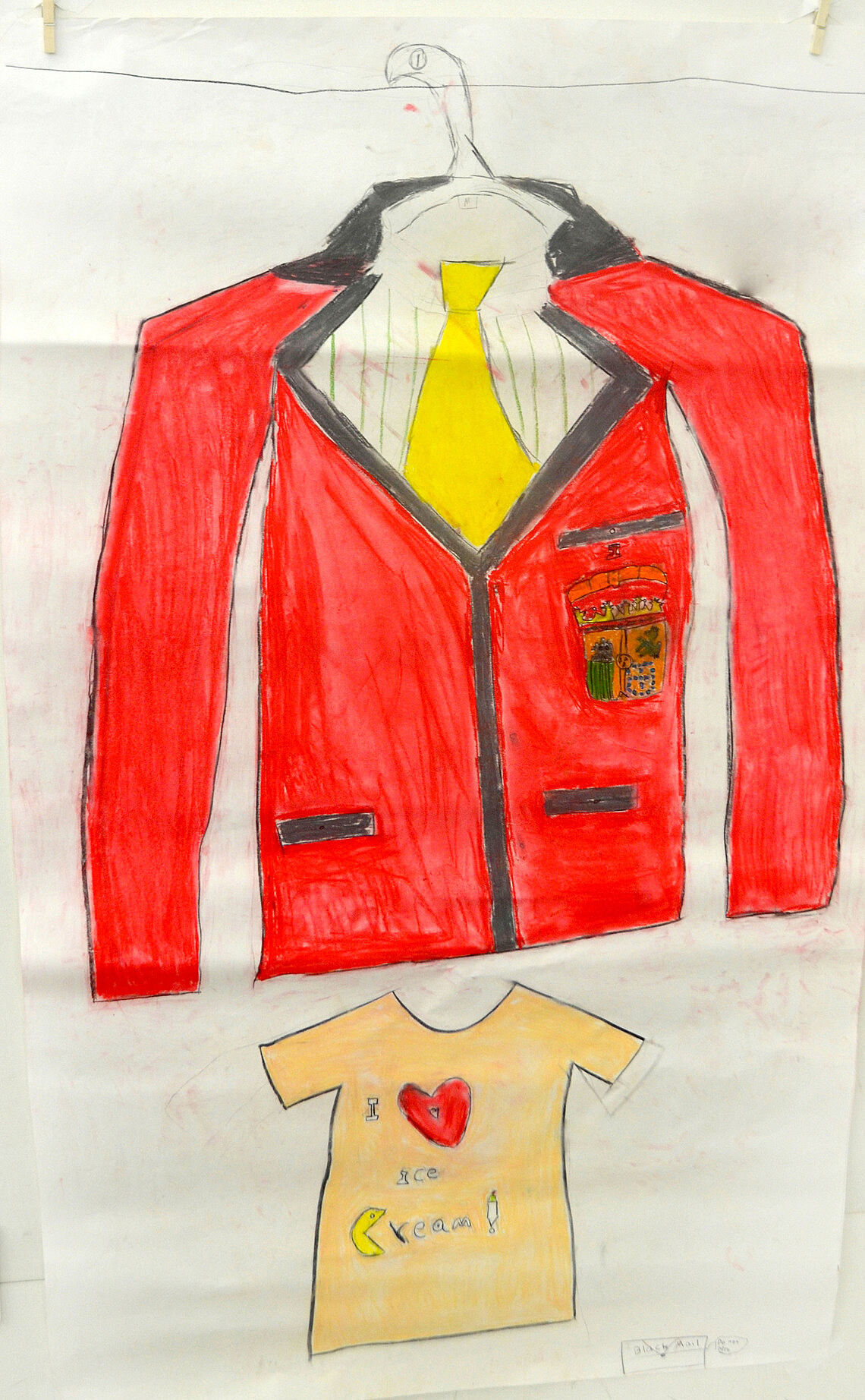 A drawing of a red jacket with a yellow tie.