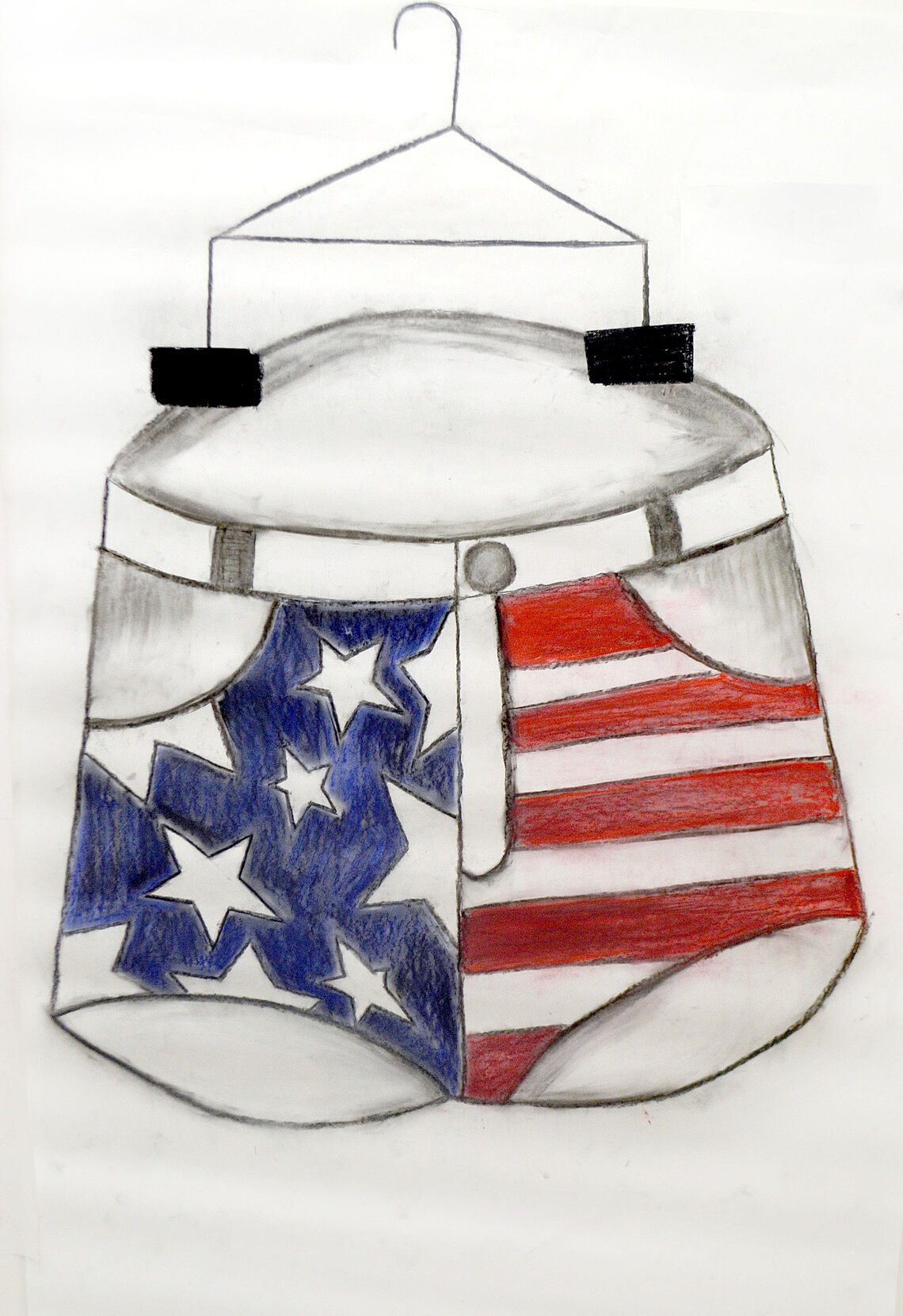 Drawing of a pair of shorts with an American flag on it.