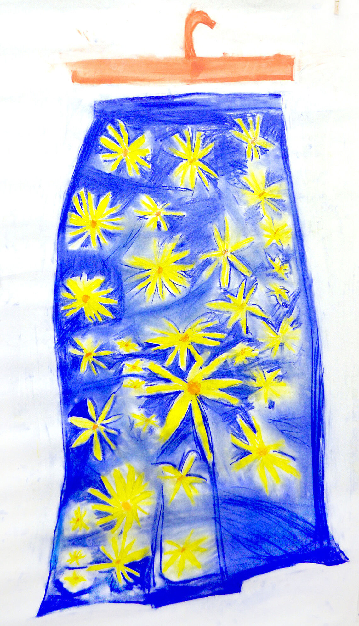 A drawing of a blue skirt with yellow flowers on it.