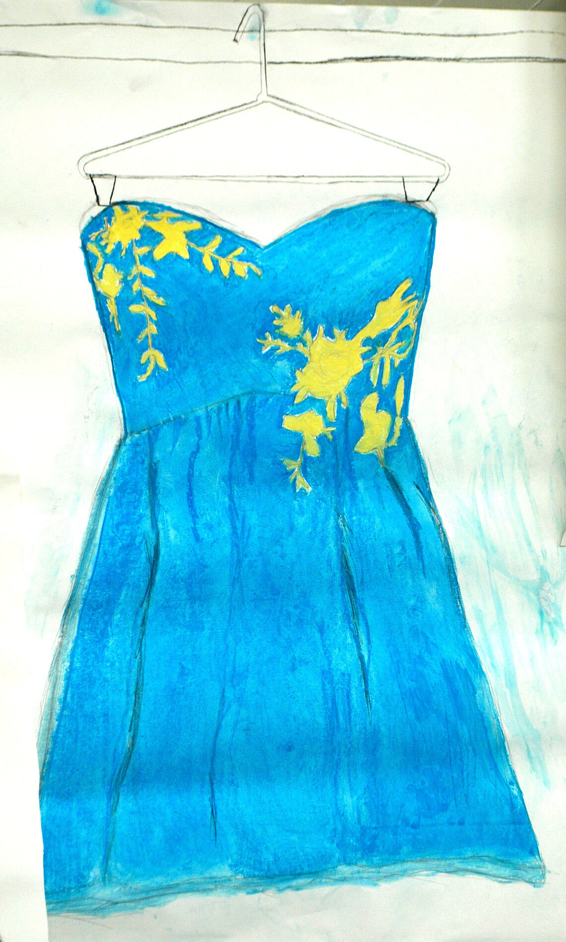 Drawing of a blue dress with yellow patterns on it.
