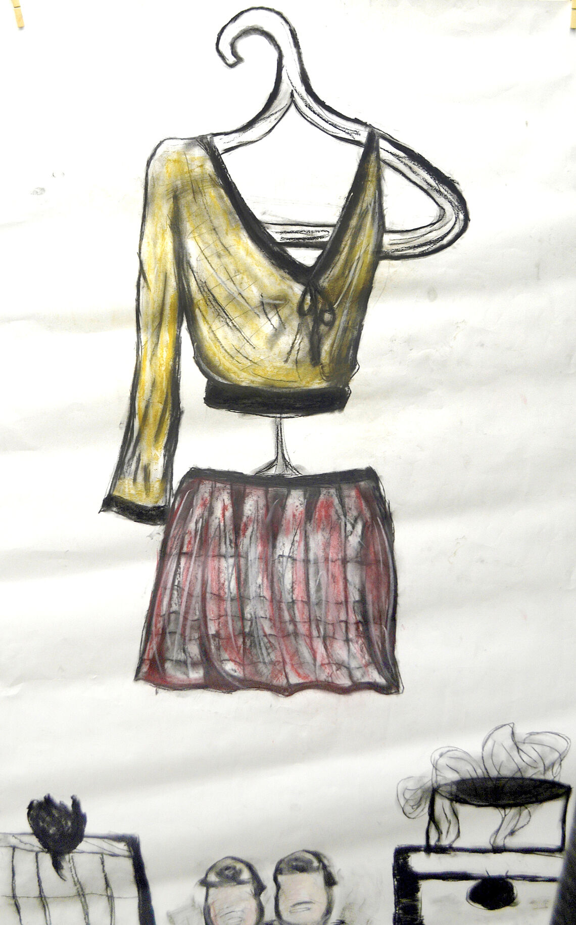 Drawing of an outfit with a gold top and red and black skirt.