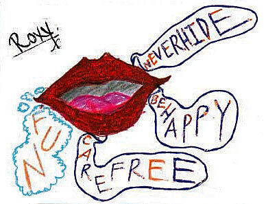 Hand-drawn red lips with words like "fun," "carefree," and "be happy" coming out of it.