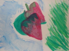 Painting of two strawberries on a blue and green background.